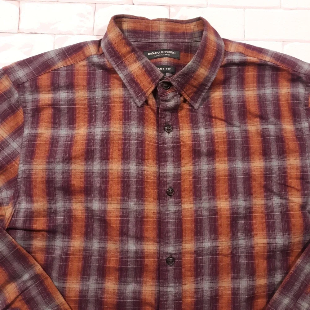 Banana Republic Luxe Flannel Shirt Mens Large Grant Fit Purple Orange Cotton